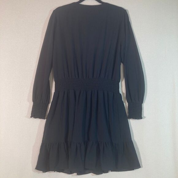 Michael Kors Julia Dress Sz XL Black Smocked Waist V-Neck Tiered Ruffle‎ Mini - Picture 7 of 8